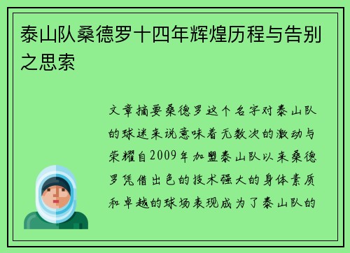 泰山队桑德罗十四年辉煌历程与告别之思索