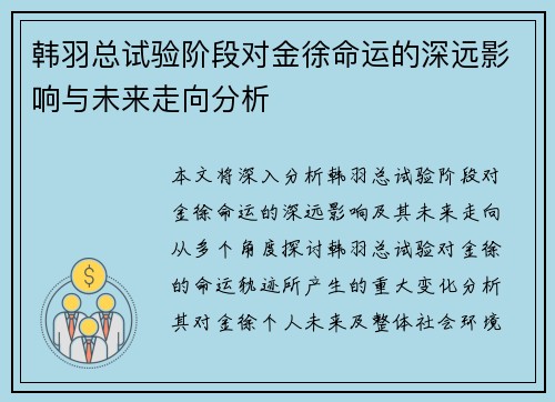韩羽总试验阶段对金徐命运的深远影响与未来走向分析